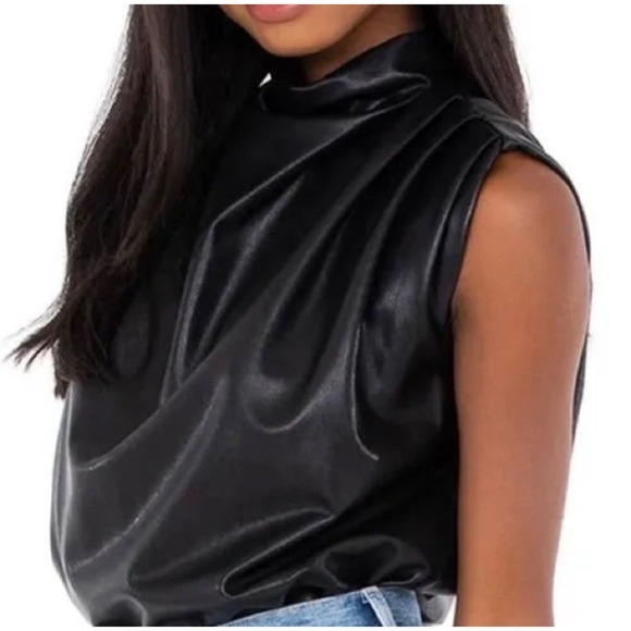 Amanda Uprichard Fabienne Black Faux Leather Sleeveless Top Cowl Neck Blouse - Picture 2 of 9